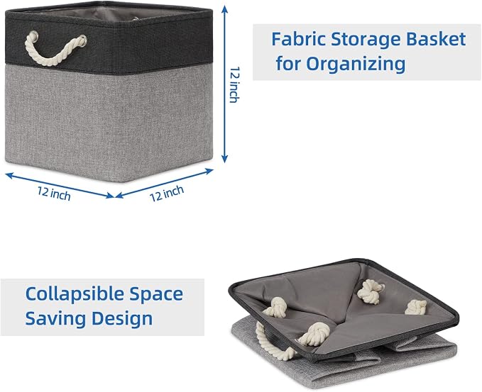 Temary 12 Inch Cube Storage Baskets 4 Pack Fabric Storage Bin for Clothes, Large Baskets with Handles, Basket for Organizing Towels, Blankets, Collapsible Cube Storage Bins (Black&Gray) - Image 7