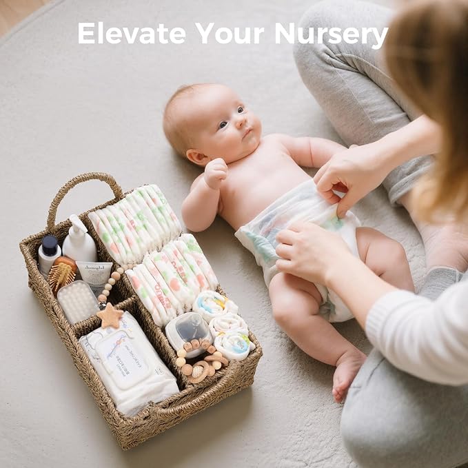 Diaper Caddy Organizer, Hand Rattan Nursery Baby Basket Changing Table Organizer for Baby Essentials, Baby Shower Gifts, Versatile Shelf Basket Bathroom/Kitchen Organizer (Natural Beige, L) - Image 5