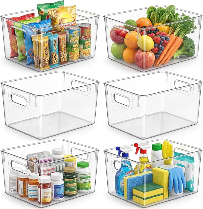 MOONEDGE 6 Pack Clear Organizer Bins 11x8x6in Pantry Organizers and Storage | Clear Containers for Organizing, Plastic Storage Bins with Handles for Drawer, Craft, Fridge, Kitchen Cabinet Shelf by MOONEDGE