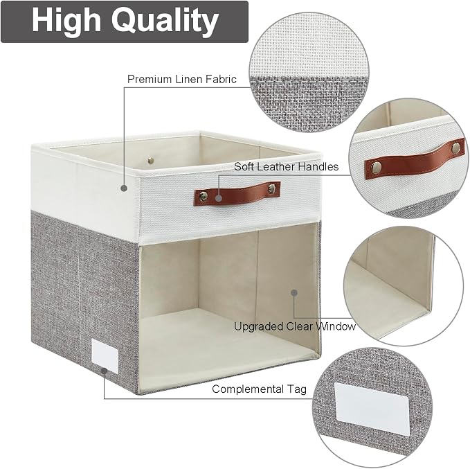 Storage Cubes, 4 Pack Linen Foldable Storage Bins (13 x 13 inch) with Clear Window and 2 Handles, Closet Organizers and Storage for Shelf Closet, Clothes, Books - (Gray and White) - Image 5