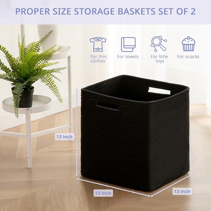 OIAHOMY 2 PACK Cube Storage Bin 13 Inch Collapsible Storage Cube Black | Cube Storage Organizer Storage Bins for Shelves Baskets for Organizing Woven Rope Storage Baskets - Image 2