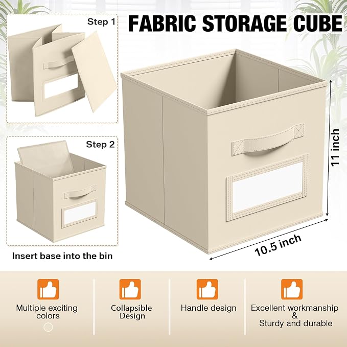 Teenyyou 10 Pack Fabric Storage Cubes 11 Inch Collapsible Cube Bins with Label Window & Handle Foldable Organizers Baskets for Shelf Closet Nursery Kids Room Clothes Book Toy(Beige) - Image 3