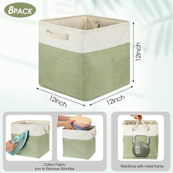 meekoo 8 Pack Collapsible Storage Bins Fabric Storage Bins Polyester Fabric Baskets with Handles Linen Closet Organizer for Shelf Home Closet Towels Toys(12 x 12 x 12 in,Green White) - Image 3