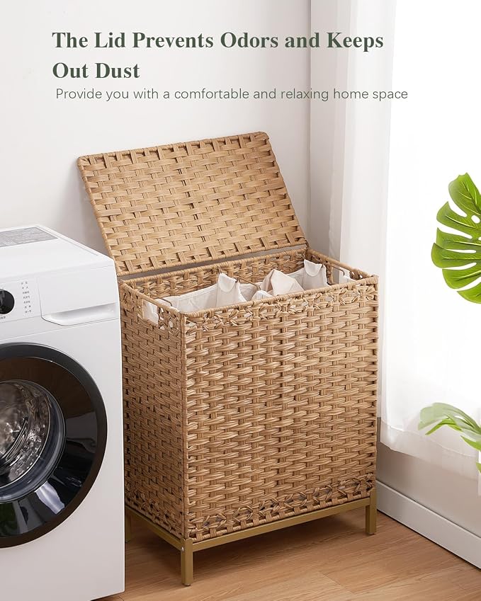 SETVSON Laundry Hamper with Lid, 112 L Handwoven Rattan Wicker Laundry Basket, 2 Removable Liner Bags Metal Heightened Feet, 6 Mesh Bags, 2 Section Large Clothes Hamper for Bathroom Bedroom, Natural - Image 7
