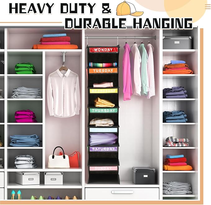 2 Pcs 7 Shelf Weekly Clothes Organizer for Kids Hanging Closet Organizer 11. 8 x 11. 8 x 50 Inches Daily Activity Kids Clothes Storage Drawers Cube Drawers Closet Hanging Shelves(Black) - Image 4