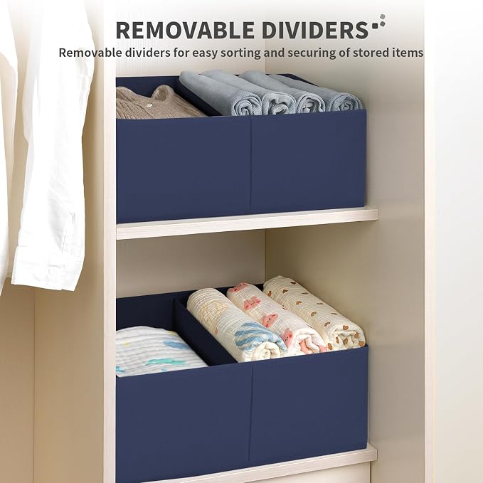 DIMJ Large Closet Shelf Organizer Bins 8Packs with Handles and Divider, Fabric Trapezoid Storage Baskets, Foldable Clothes Containers Box for Shelf, Towel, Book, Toy, Purse, Hats, Navy Blue - Image 3