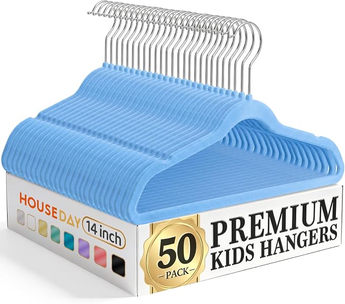 HOUSE DAY 14 Inch Kids Velvet Hangers 50 Pack, Durable Big Kid Hanger Blue | Children Hangers for Youth, Teen, Non Slip Kids Felt Hanger, Cute Small Hanger for Closet, Ideal for Everyday Use by HOUSEDAY