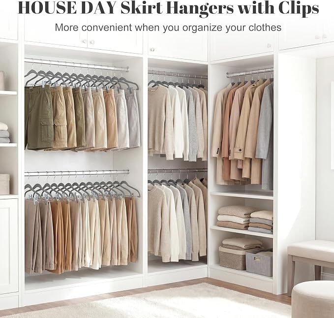 HOUSE DAY Velvet Skirt Hangers 12 Pack, Gray Velvet Pant Hangers | with Adjustable Clips, Space Saving Slim Shorts Hanger, Heavy Duty Non Slip Clip Hanger for Pants, Skirts, Shorts - Image 8