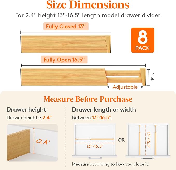 Lifewit 2.4" Kitchen Drawer Dividers, Adjustable Bamboo Drawer Organizers | 8 Pack 13"-16.5" Expandable Drawer Separator for Clothes, Utensils, Dresser, Cabinet, Closet, Nursery Organization & Storage - Image 3