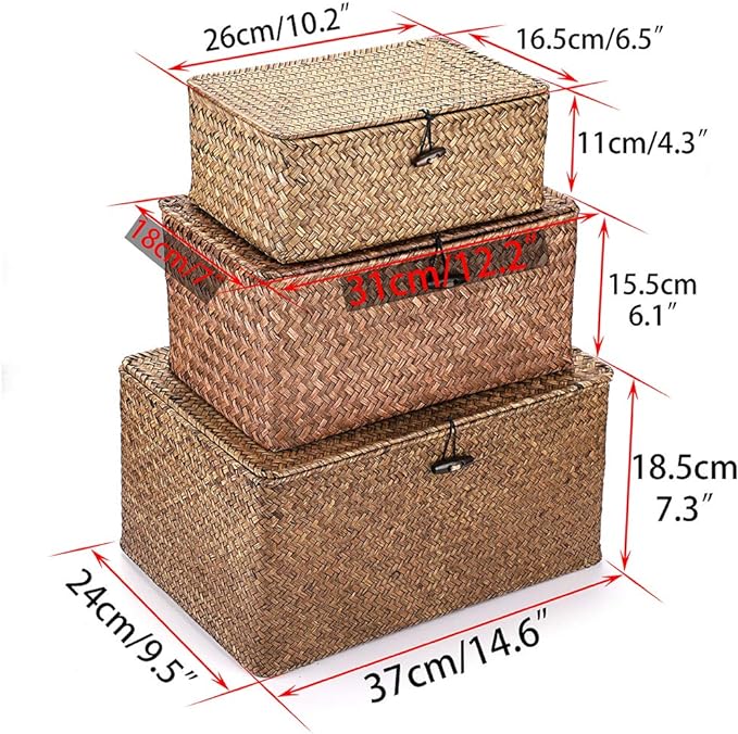 Hipiwe Set of 3 Seagrass Storage Baskets with Lid - Large Woven Wicker Bins | Rectangular Storage Basket Box Home Decor Household Organizer Boxes Shelf Wardrobe Organizer, Coffee - Image 6