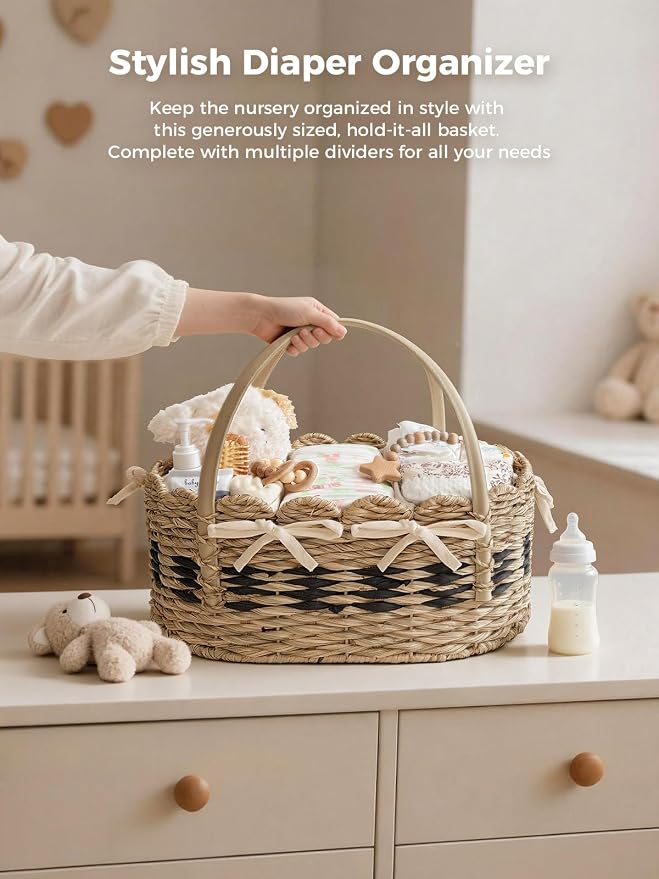 Large Diaper Caddy Organizer, Handwoven Natural Seagrass Basket with 5 Compartments, Scalloped Wicker Changing Table Organizer (Natural, XXL) - Image 2