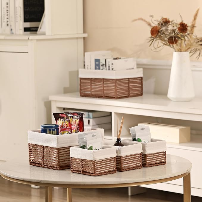 Wicker Storage Basket, Hand-Woven Paper Rope Woven Baskets, Rectangular Small Wicker Baskets for Organizing, Cube Storage Bins for Closet/Clothes/Dresser, Brown, 5-Pack - Image 2