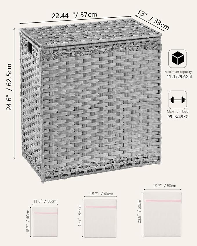 SETVSON Laundry Hamper with Lid Wicker Laundry Basket, 112L, Gray | Decorative Furniture Look for Bedroom & Bathroom, 2-Section Sorting Hamper with Lid, 2 Liners, 6 Bags, Side Handles - Image 5
