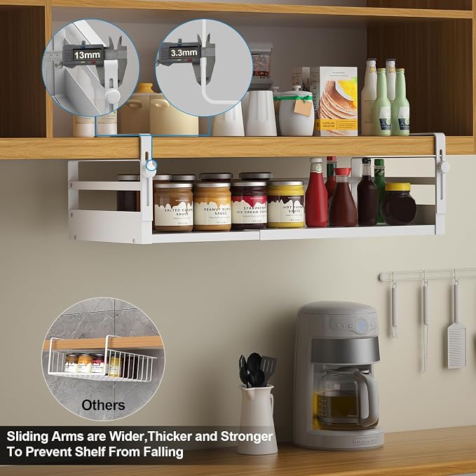 AmonHouseware 2Pack Expandable Under Shelf Storage Basket Organizer,White | Adjustable Hanging,Length Stretchable13-21Inch,Under Cabinet Shelf for Laundry Room Kitchen Pantry Desk Counter Cupboard - Image 5