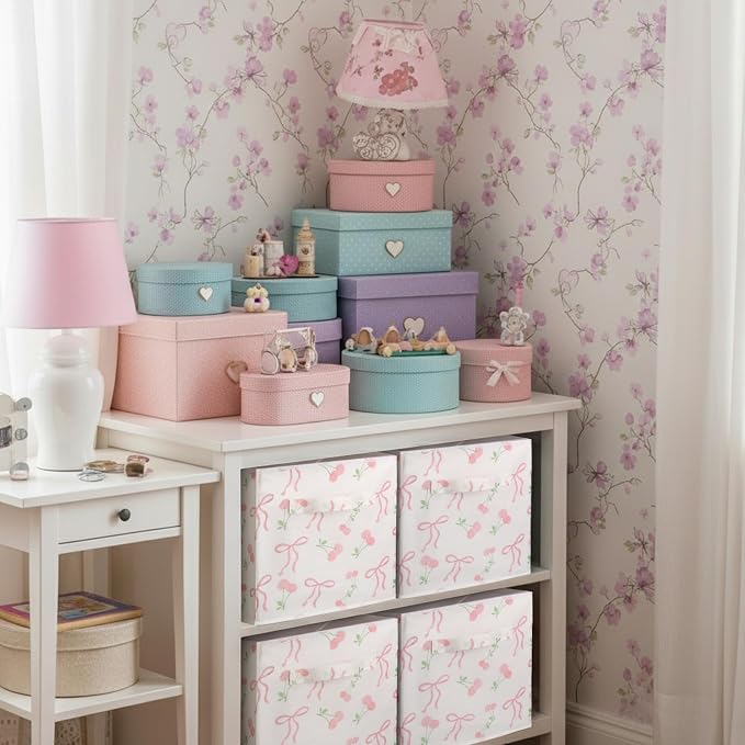 6 Pcs Pink Bow Cherry Cube Storage Bins 11 Inch Storage Basket with Handle, Preppy Girls Organizer Basket, Collapsible Fabric Box for Classroom Bedrooms Office Home Decoration Gift - Image 4