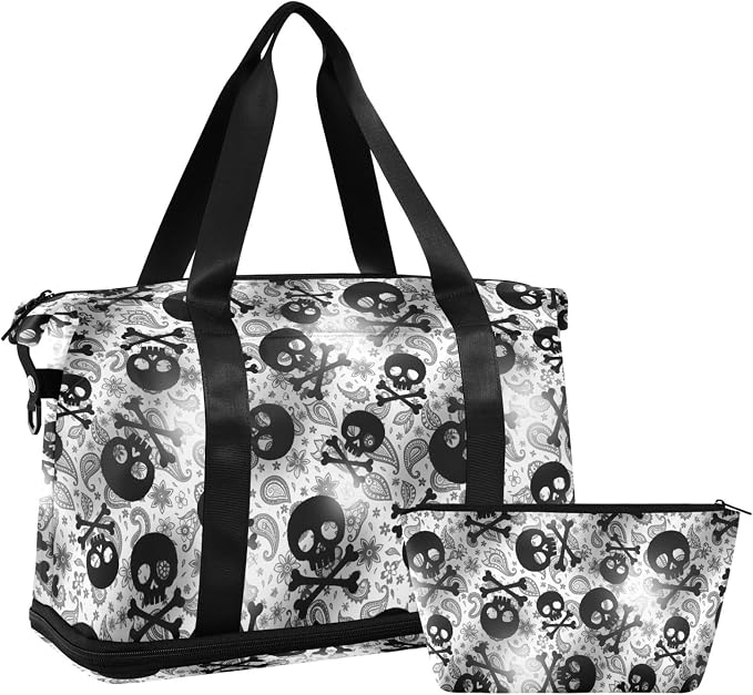 MNSRUU Travel Duffel Tote Bag Skulls Black Grey Paisley Sports Duffel Bag with Wet Pocket Weekender Overnight Bag for Women Men Gym Bag, Carry On Bag Hospital Bag for Labor & Delivery - Image 7