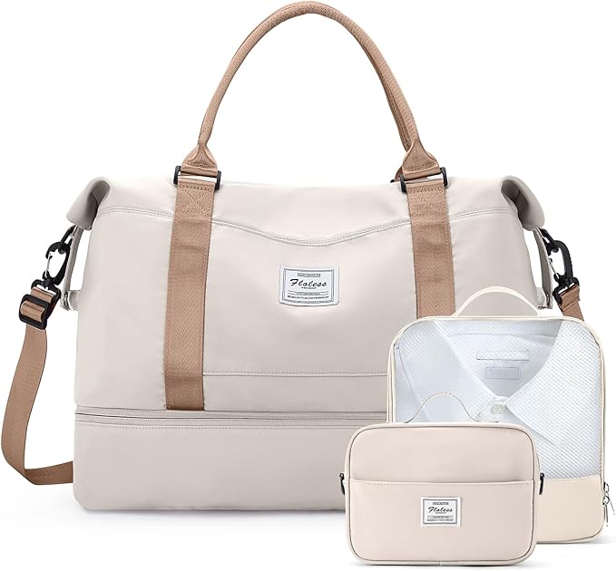 Weekender Bags for Women, Carry-On Overnight Travel Duffel Bag | Travel Bag with Shoes Compartment & Toiletry Bag, Extra Large, 3 Pcs Set by SYCNB