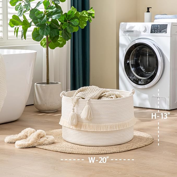 KAKAMAY Large Blanket Basket (20"x13"),Woven Baskets for storage Baby Laundry Hamper, Cotton Rope Blanket Basket for Living Room, Laundry, Nursery, Pillows, Baby Toy chest (White) | Extra Large Capacity,Blanket Storage | Laundry Basket | Natural Cotton... - Image 5