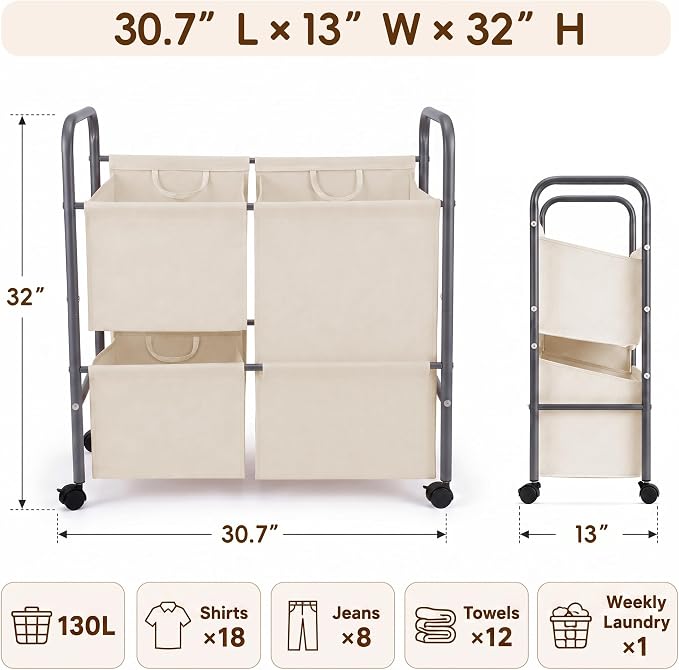 130L Laundry Hamper with Wheels, 3 Section Laundry Sorter Cart with Removable Bags, Rolling Clothes Hamper with Waterproof Lining, Sturdy Freestanding Canvas Laundry Basket for Laundry Room, Beige - Image 3