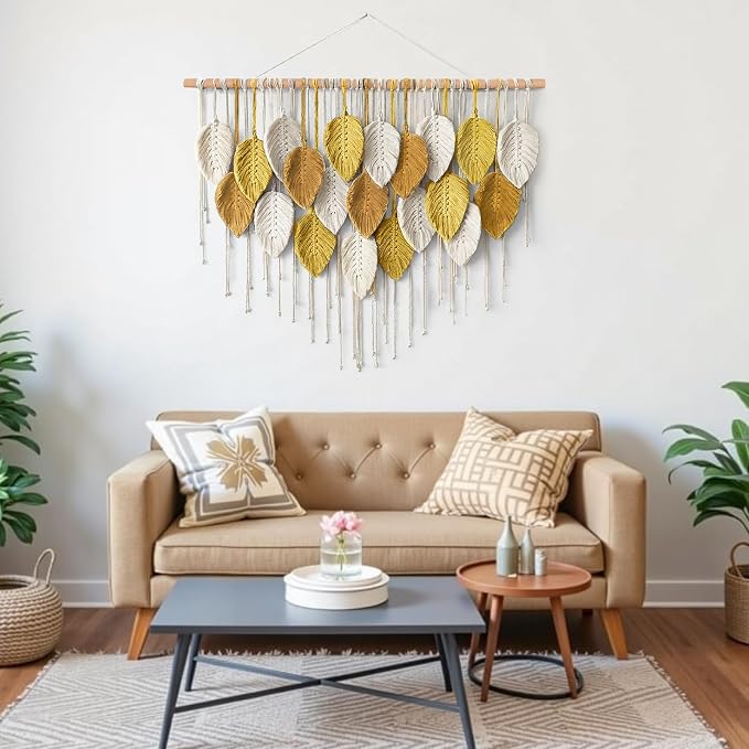 Large Macrame Wall Hanging Boho Woven Tapestry Bohemian Farmhouse Wall Art | KHOYIME Handmade Yellow Leaf Feather Chic Modern Home Decoration for Living Room Bedroom Nursery Dorm Backdrop 39"W X 29.5"L - Image 3