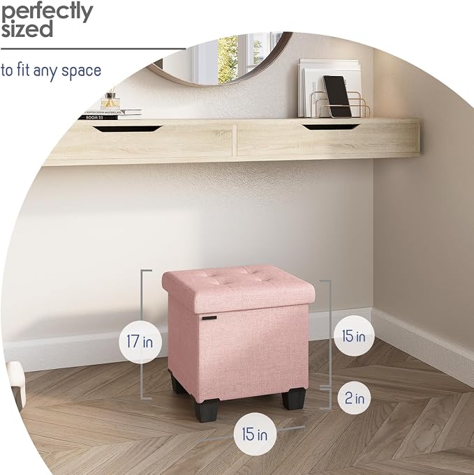 Storage Ottoman Cube with Small Bin, 15-in Square Ottoman with Storage for Living Room and Bedroom, Small Ottomans Foot Rest, Fabric Foot Stools Ottomans Max 330lbs, Pink - Image 9