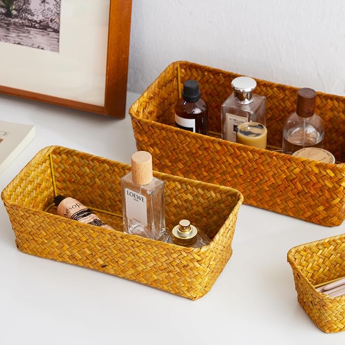 Seagrass Storage Basket, Stackable Open Woven Baskets Bins Container for Organizing Shelves Bedroom Living Room, Set of 3, Natural - Image 2
