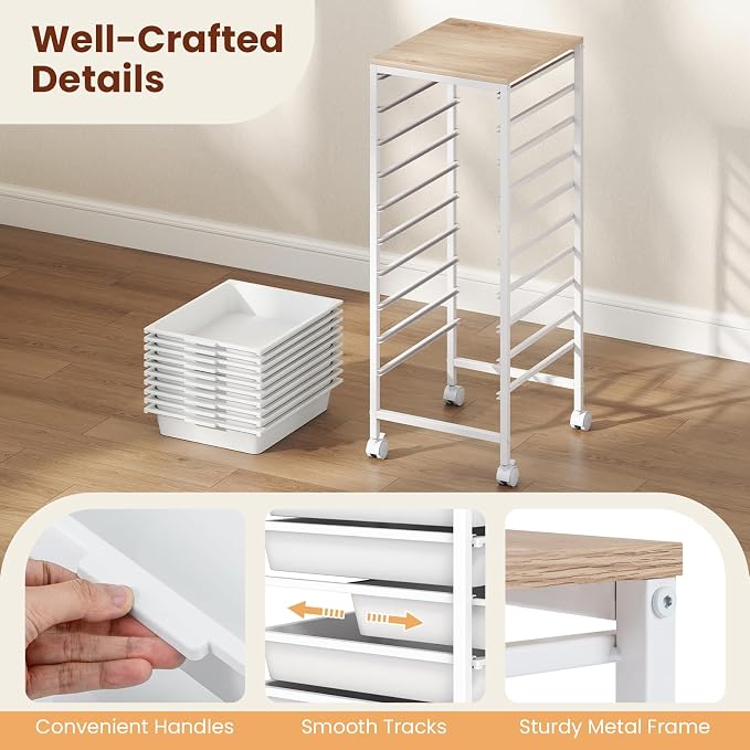 Giantex Rolling Storage Cart with 10 Drawers, Utility Cart w/Wooden Tabletop, Lockable Wheels, Multipurpose Organizer for Art Craft Books Paper, Drawer Carts for Dorm Classroom Office, White - Image 9