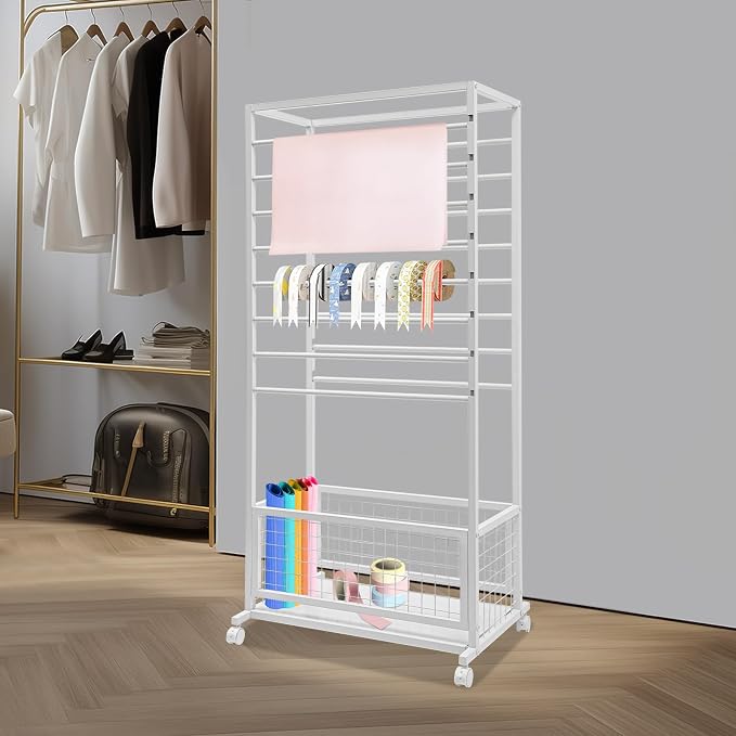 Floor Standing Ribbon Storage Organizer, 16-Layer Iron Rolling Ribbon Holder Organizer Rack with Bottom Basket, Wrapping Paper Holder, Slim Ribbon Storage Rack for Flower Shop,Craft Room H: 60inch - Image 2