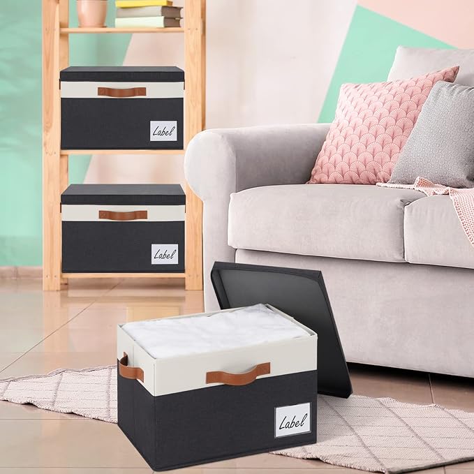 GhvyenntteS Fabric Storage Bins with Lids 6 Pack, Foldable Fabric Storage Baskets with Lid and Handles, Large Closet Organizers and Storage boxes with Label for Home Office (Black, 15" x 11" x 9.7") - Image 6