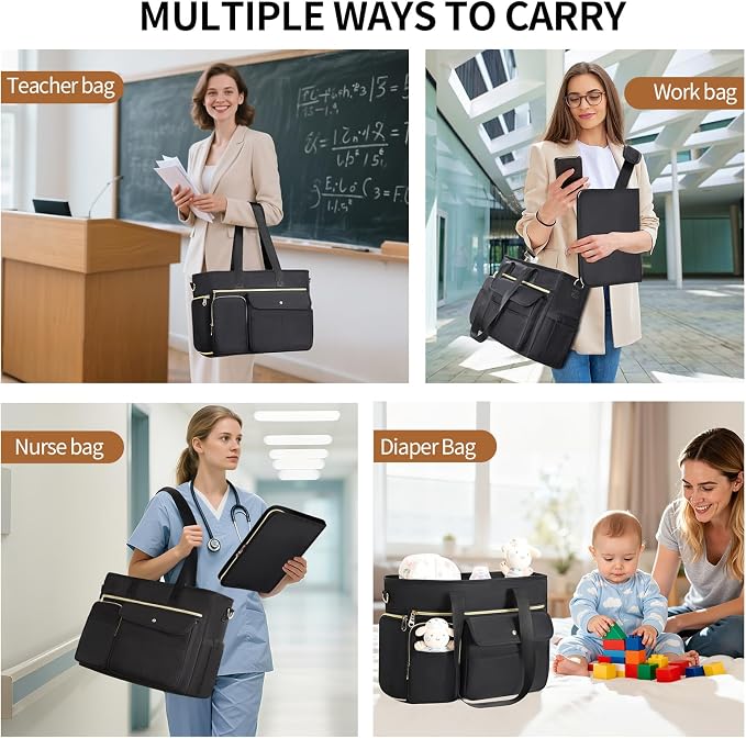 ESTARER Women Teacher Tote Bag 2Pcs, 15.6'' Laptop Work Bag Computer bag with Expandable File Folder, Large Water-Resistant Messenger Shoulder bag w/Insulated Pocket for Office/Travel/College, Black - Image 2
