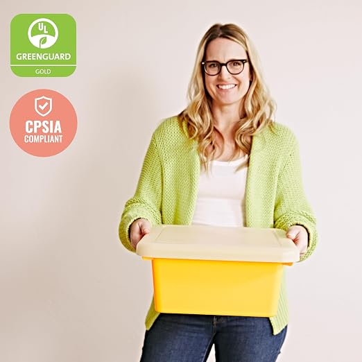 ECR4Kids Stackable Square Bins with Non-Snap Lids, Multipurpose Organization, Yellow, 2-Pack - Image 6