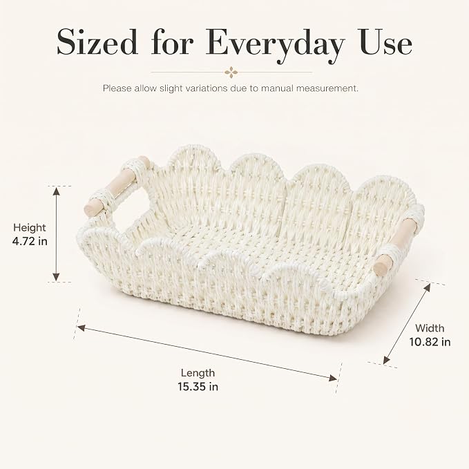 Coeusy Scalloped Basket, Paper Rope Basket for Gifts with Handles, Cute Storage Basket for Display,Decorative,Shelves,Snack,2 Pack, White - Image 3
