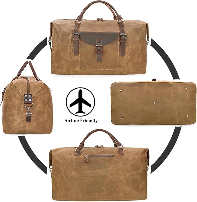 NEWHEY 55L Travel Duffel Bag, Waterproof Waxed Canvas & Leather Weekender Bag for Men, Large Carry-on Overnight Bag for 4-5 Day Business Trips & Weekend Getaways, Brown - Image 10