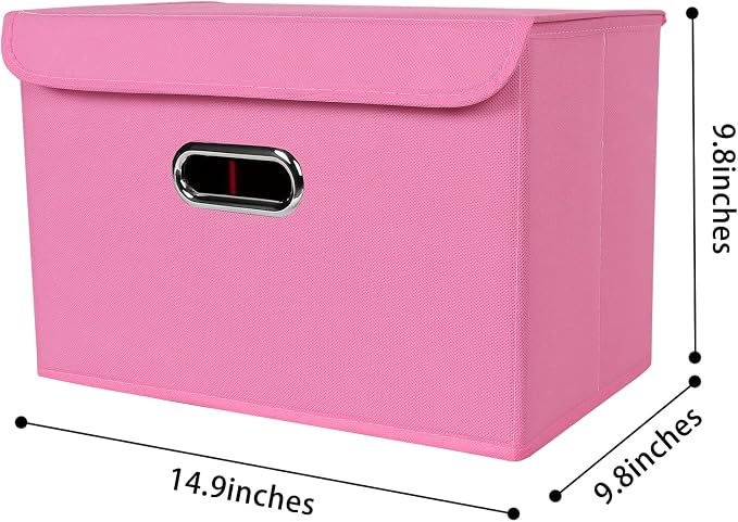 Linen Fabric Foldable Collapsible Storage Cube Bin Organizer Basket Fabric Storage Bins with Lid, Leather Handles, Removable Divider for Home, Closet, Pink 3Pcs - Image 2