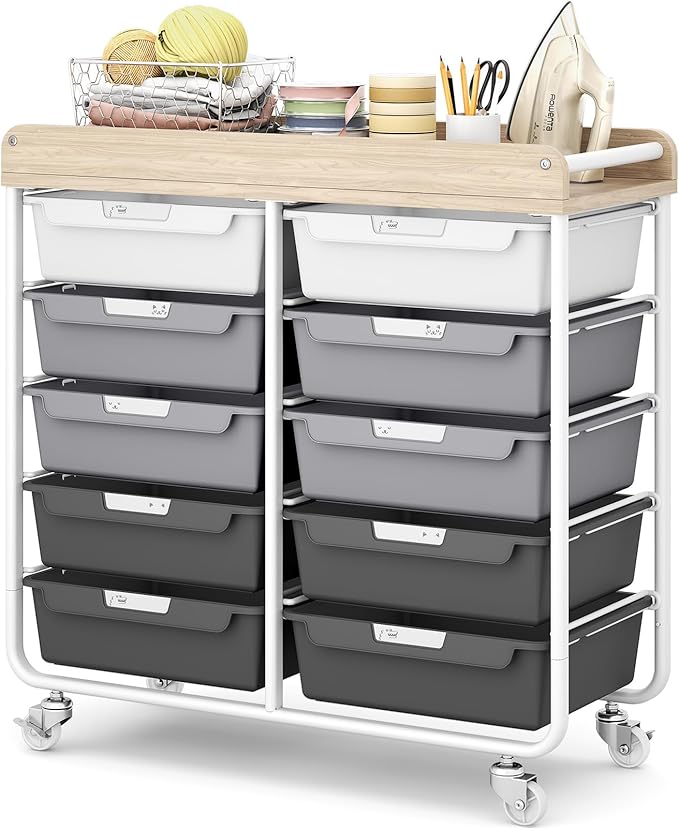 10 Drawer Rolling Storage Cart with Wood Top for Classroom Crafts Grey | Easy Setup, Large Capacity, Sturdy Build, Lockable Mobility, For office, classroom and home supplies by APEXCHASER