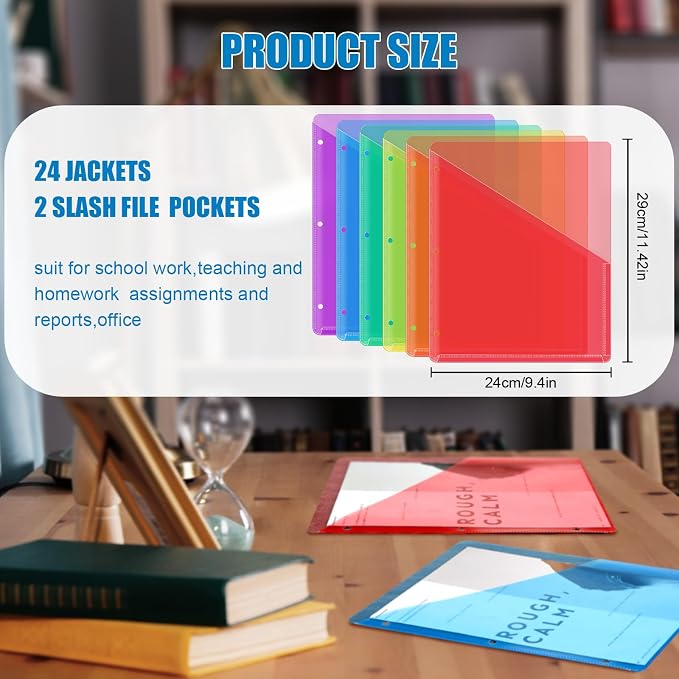 Seajan 24 Pcs Binder Pocket Folders, Clear 3 Ring Binder, Multicolor | Plastic Folders Sleeves with 2 Pockets, Poly Slash File Jackets, 3 Hole Punched Dividers for School, Office, Documents - Image 2