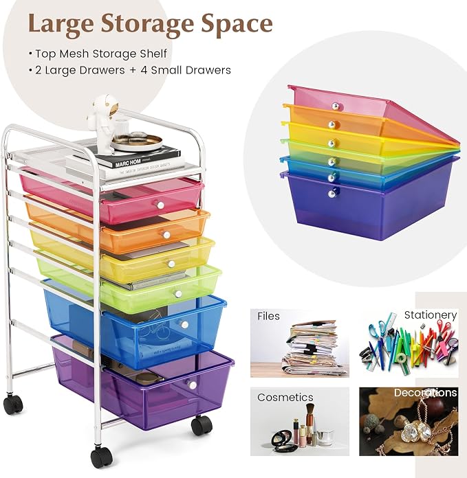 GOFLAME 6-Drawer Rolling Storage Cart, Multifunctional Art Craft Organizer Cart, Mobile Utility Storage Cart with Removable Drawers & Lockable Wheels, Craft Cart for Home Office, Rainbow - Image 4