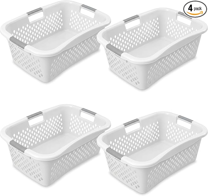 Home Logic 1.5 Bushel Plastic Laundry Basket Front Load, Large Laundry Hamper with Handles, Ventilated Clothes Organizer for Bedroom Bathroom Closet, 4 Pack, White by HomeLogic