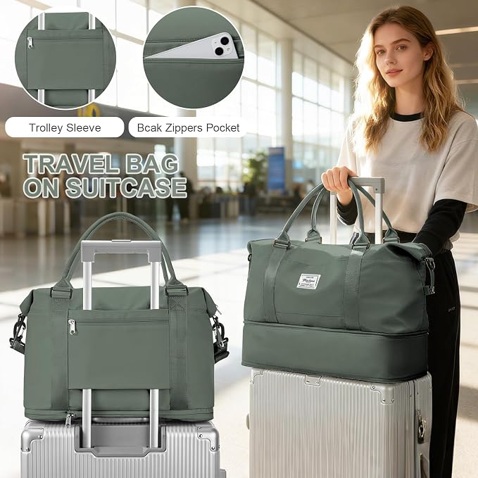 Travel Duffel Weekender Bag Women Tote Carry On Bags With Shoe Compartment | 18x14x8 inches Travel Overnight Bags with Trolley Sleeve for Airplanes Sport Tote Gym for Men Lightweight Daypack Green.. - Image 3