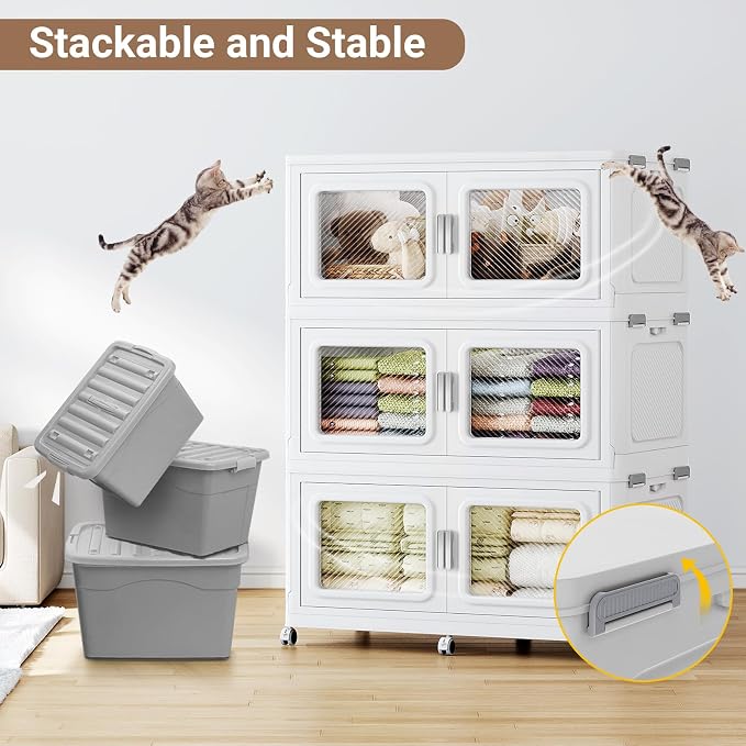 BROVIEW 300 Qt/75 Gal Stackable Storage Bins with Lids, 1 Pack, White | Large Stackable Storage Boxes w/ 1 Lid Folding Plastic Cart Organizer for Home Kitchen, Open Front Clear Door with Wheels - Image 4