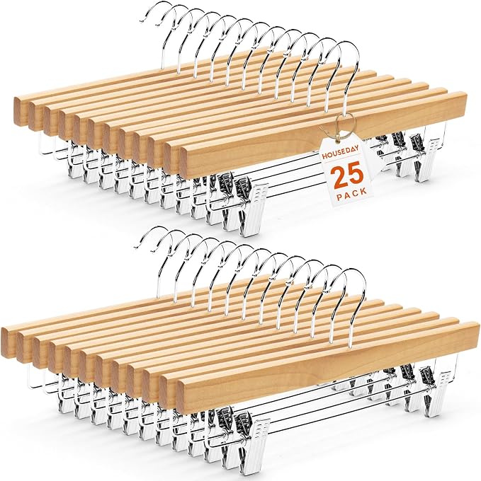HOUSE DAY Wooden Pants Hangers with Clips, 25 Pack Skirt Hangers, Natural | 14-Inch Wood Hangers with Adjustable Non-Slip Metal Clips & 360° Swivel Hooks, Heavy Duty for Jeans, Slacks, Trousers, Shorts by HOUSEDAY