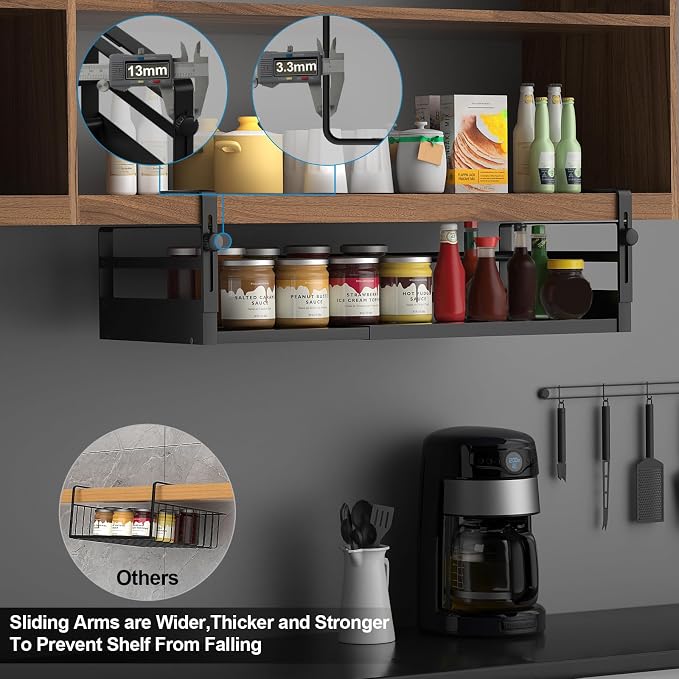 AmonHouseware 2Pack Expandable Under Shelf Storage Basket Organizer,Black | Adjustable Hanging,Length Stretchable13-21Inch,Under Cabinet Shelf for Laundry Room Kitchen Pantry Desk Counter Cupboard - Image 5