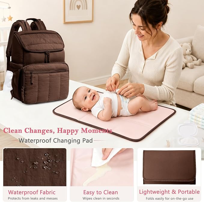 Puffy Diaper Bag Backpack for Mom, Lightweight Quilted Baby Bag with Waterproof Changing Pad, Large Travel Diaper Backpack with Insulated Bottle Pockets, Wipes Pocket, Stroller Straps - Image 6