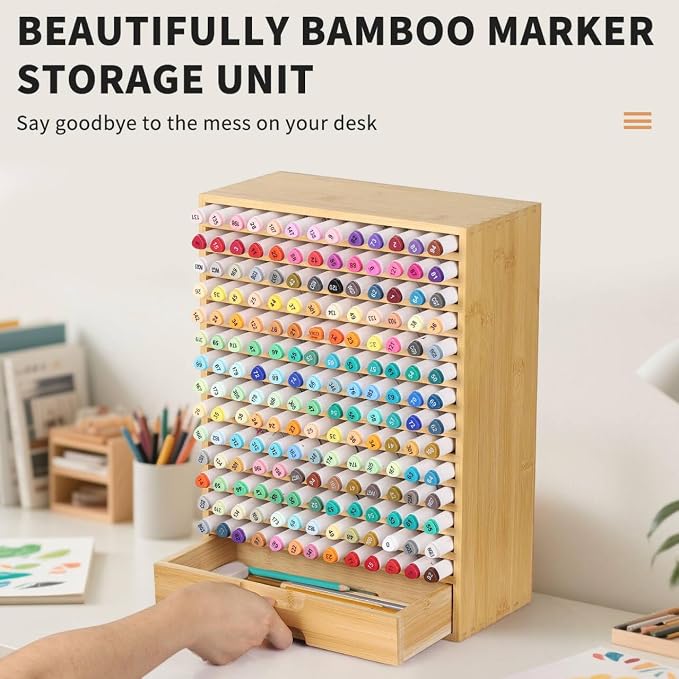 AUTOARK Natural Bamboo Marker Organizer with Drawer, AHK-065 | 182 Slots - Image 6