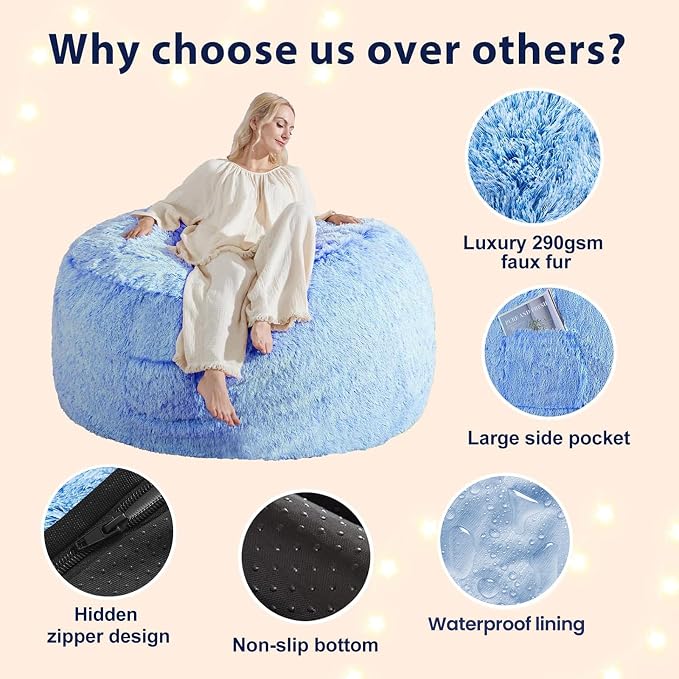 Bean Bag Covers Only, Fluffy Stuffed Beanbag Chair Covers No Filler, Washable Bean Bags Cover for Adults, Stuffed Animal Bean Bag Anti-Slip, 6FT, Blue - Image 5