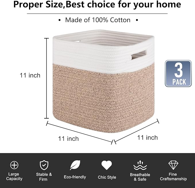 OIAHOMY Cube Storage Basket, 3-Pack Woven Cotton Rope Baskets, 11-Inch Cube Basket with Handles, Great for Shelves, Closets, Children's Toy Organization - White & Brown - Image 3