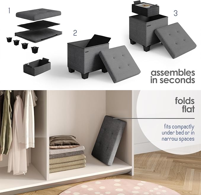 Storage Ottoman Cube with Small Bin, 15-in Square Ottoman with Storage for Living Room and Bedroom, Small Ottomans Foot Rest, Fabric Foot Stools Ottomans Max 330lbs, Grey - Image 3