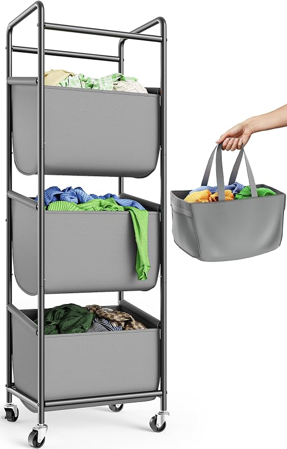 3 Section Laundry Sorter with Removable Bags, 120L Rolling Vertical Laundry Hamper, Stackable Laundry Baskets organizer for Bathroom, Apartment, Dorm (Gray, With Wheel) by Unknown