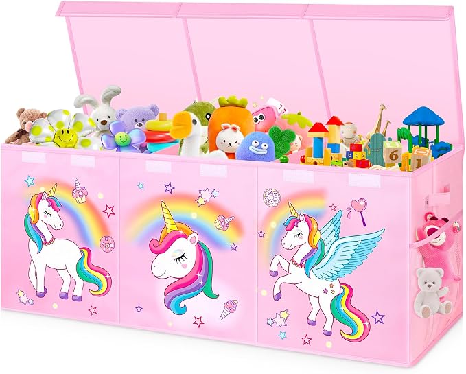 Extra Large Toy Box with Lids, Collapsible Storage Chest, 40"x16"x16" Pink | Sturdy Large Toy Storage Organizer Bins with Dividers, Toybox for Kids Boys Girls, Bedroom Nursery Playroom Organization by Mabahoo