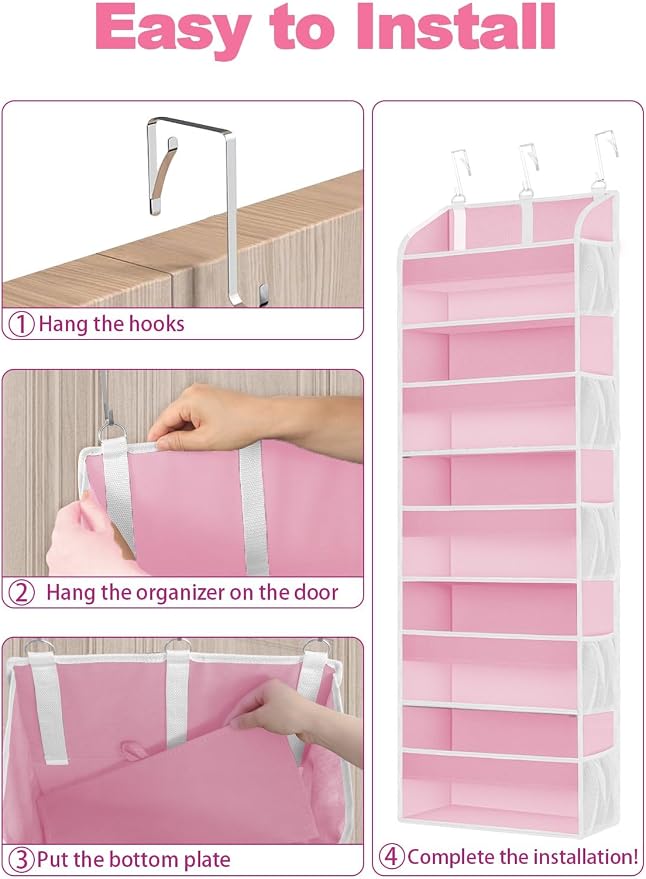 TAHAVICE 2 Pack Over the Door Storage Organizer with 5 Large Pockets | 44 lbs Weight Capacity & 10 Mesh Pockets Door Hanging Organizers and Storage for Bedroom,Bathroom,Nursery,Babyroom(Pink) - Image 7